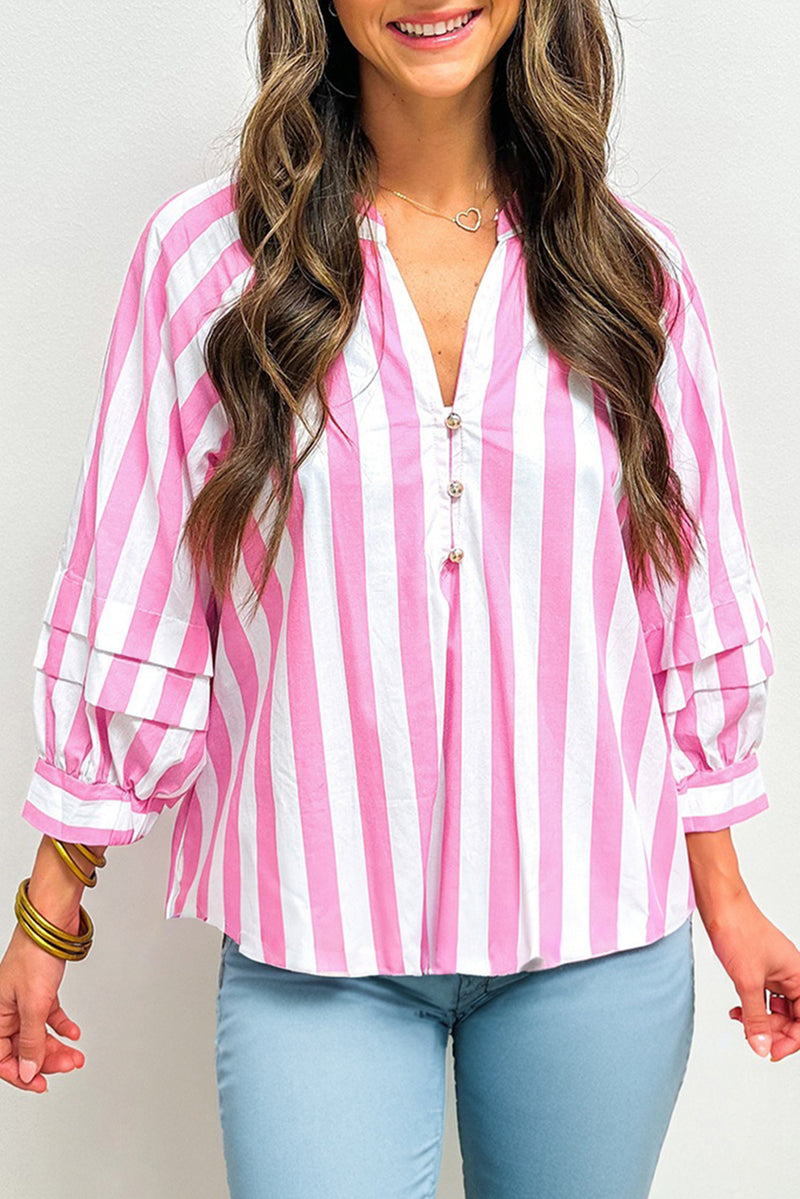 Rose Pink Stripe Split Neck Button Decor Front Puff Sleeve Blouse