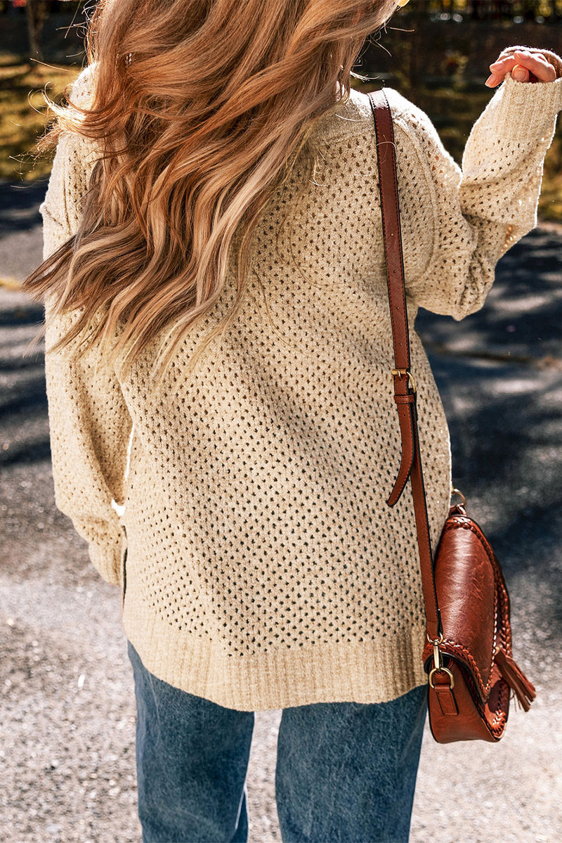 Solid Loose Eyelet V Neck Drop Shoulder Sweater