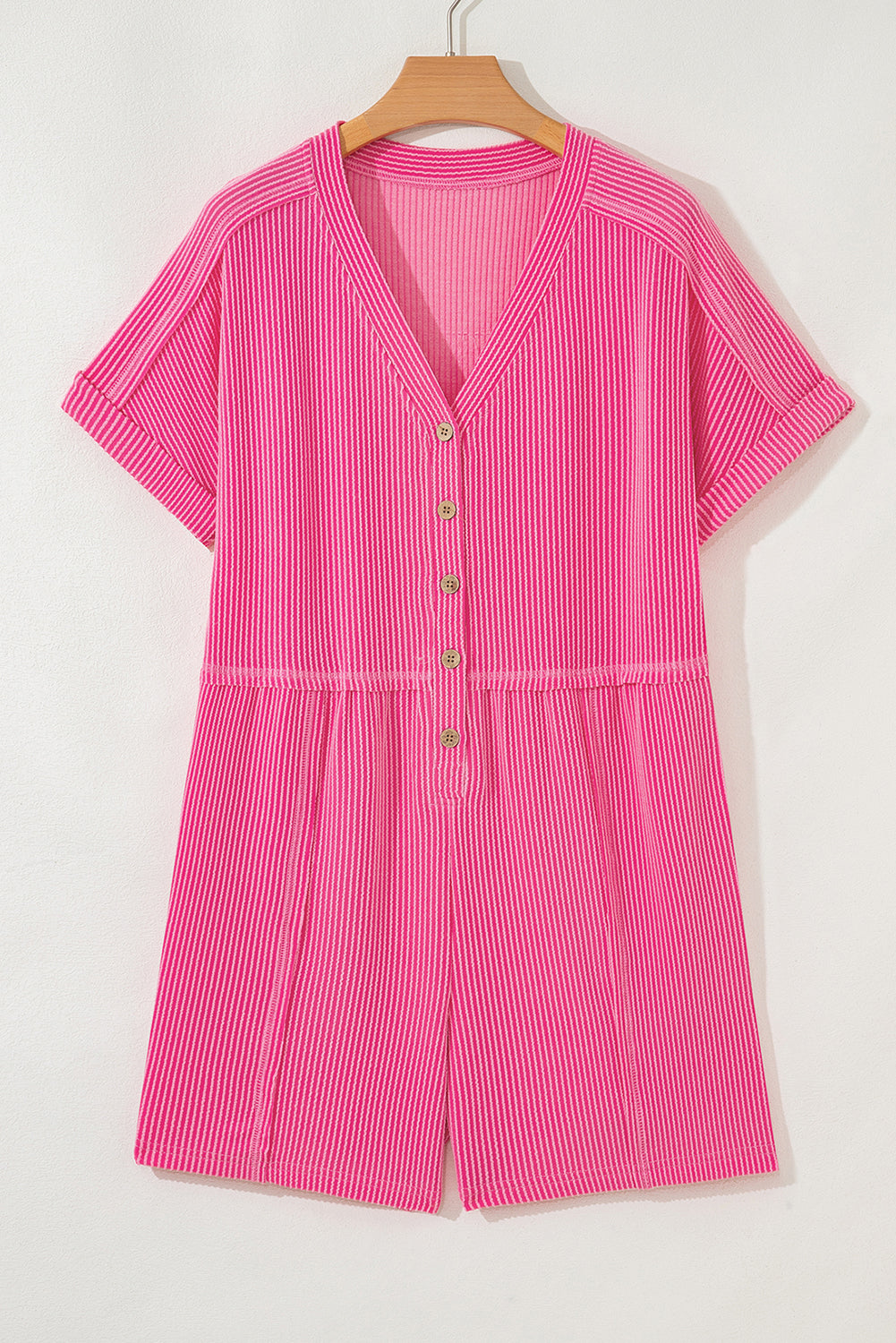 Spiral Ribbed Short Sleeve V Neck Buttoned Romper with Pocket