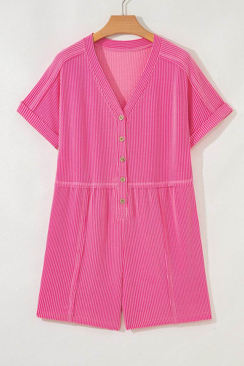 Spiral Ribbed Short Sleeve V Neck Buttoned Romper with Pocket