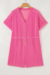 Spiral Ribbed Short Sleeve V Neck Buttoned Romper with Pocket