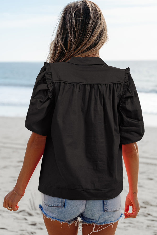 Frilly Puff Sleeve Stylish Collared Shirt