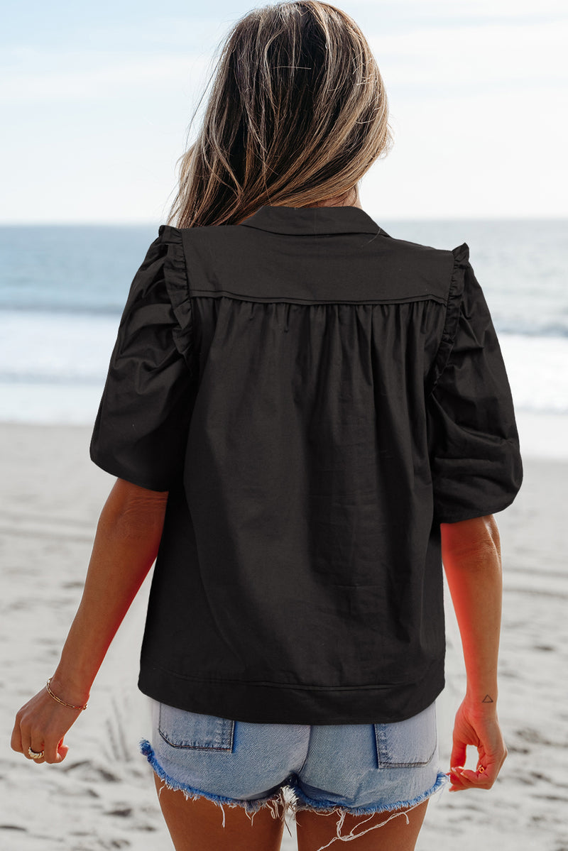 Frilly Puff Sleeve Stylish Collared Shirt