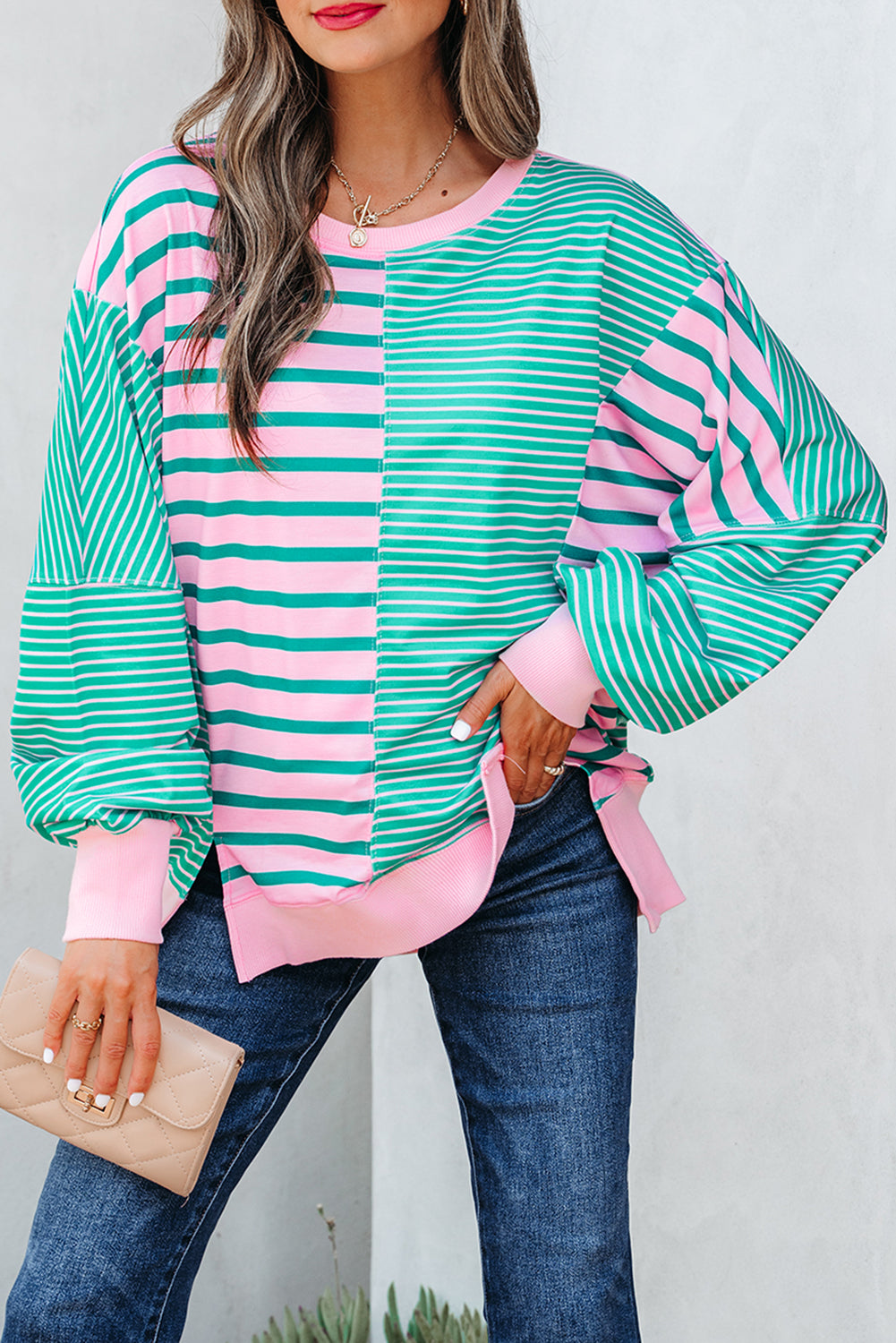 Stripe Mix Pattern Color Block Patchwork Side Slit Baggy Sweatshirt