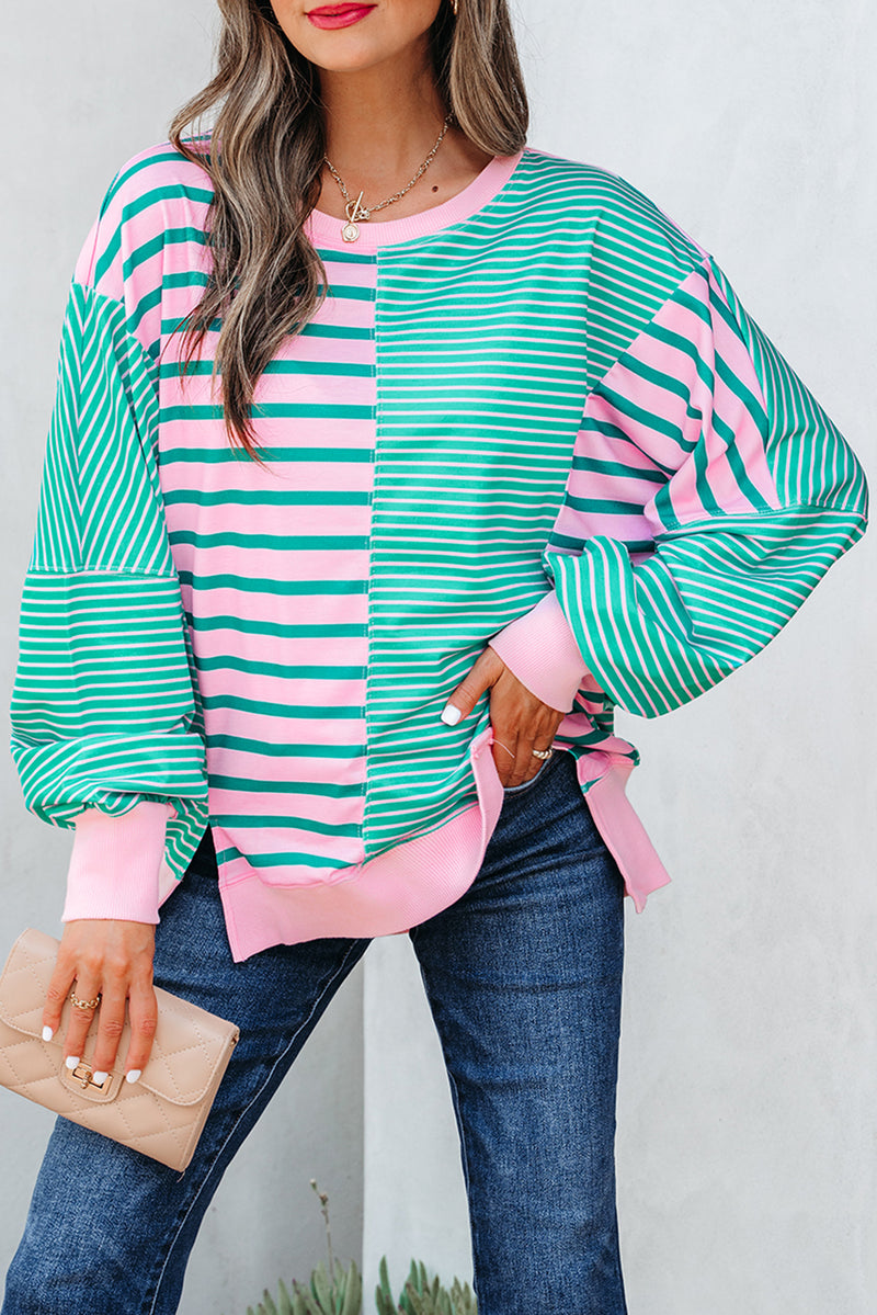Stripe Mix Pattern Color Block Patchwork Side Slit Baggy Sweatshirt