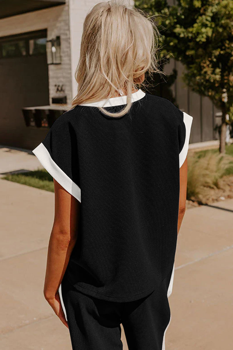 Color Block Pocketed T Shirt and Wide Leg Pants Set