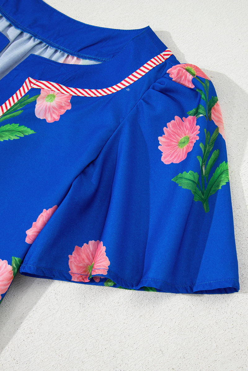 Floral Short Sleeve Split Neck Loose Mini Dress