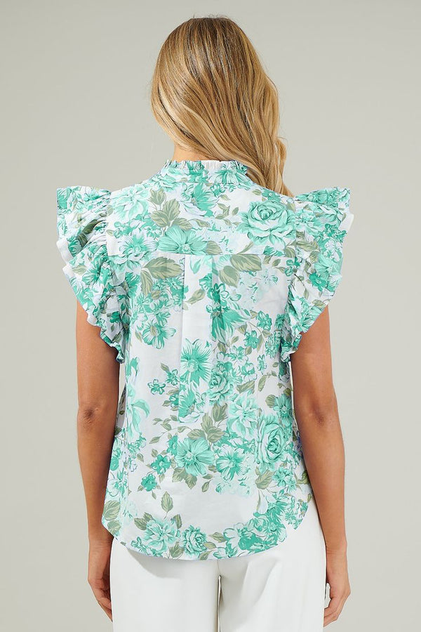 Pastel Floral Print Ruffle Sleeve Frilly Button Up Shirt