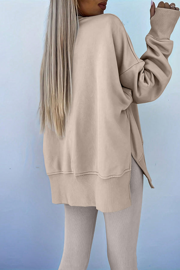 Beige Solid Color Oversize Slit Sweatshirt Ribbed Leggings 2pcs Set
