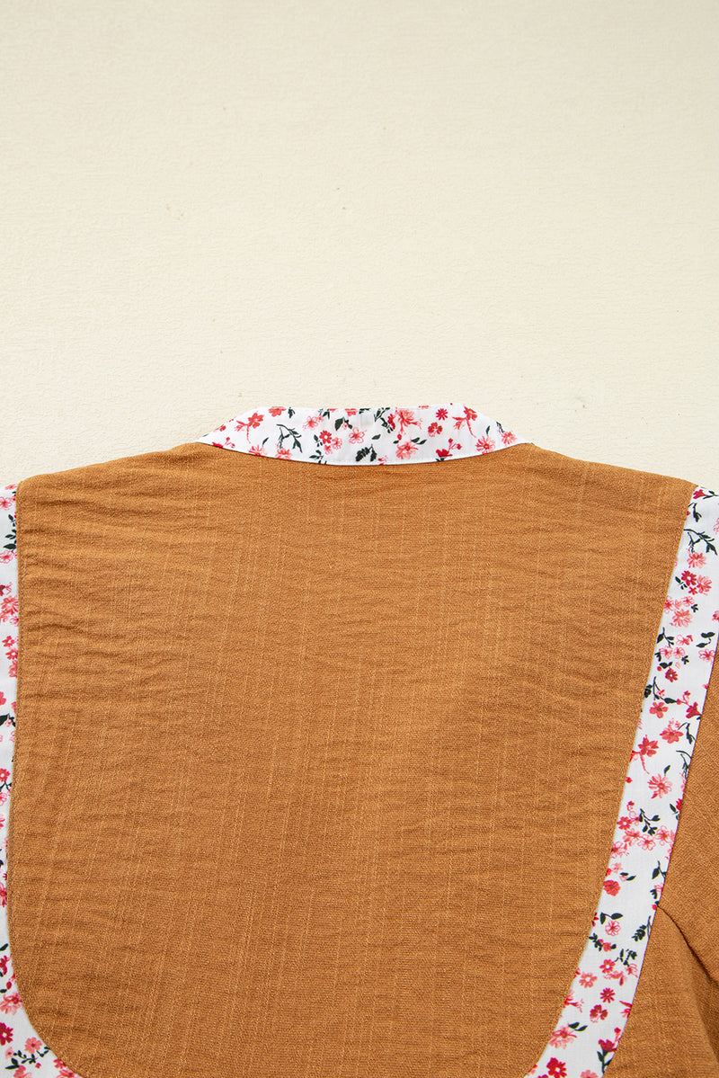 Split Neck Pleated Floral Trim Long Puff Sleeve Blouse