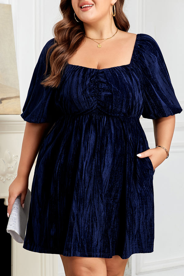 Velvet Ruched Bust Square Neck Short Puff Sleeve Plus Dress