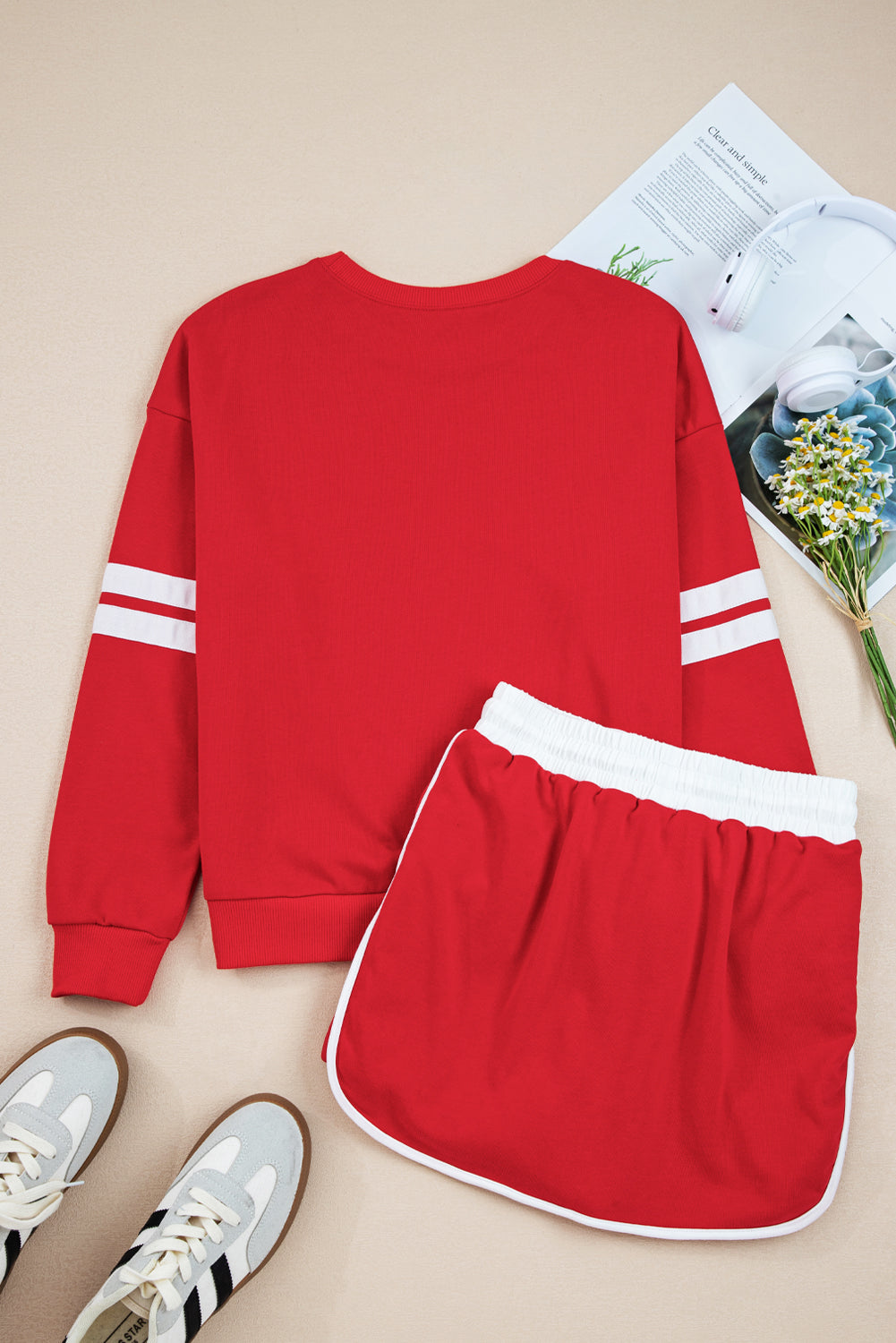 Varsity Stripe Detail Drop Shoulder Pullover Mini Skirt Set