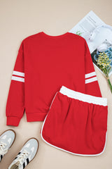 Varsity Stripe Detail Drop Shoulder Pullover Mini Skirt Set