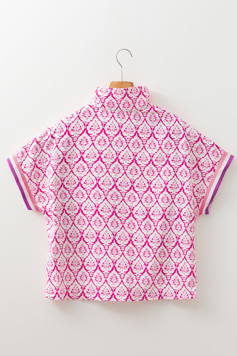 Western Print Zipped Collar Short Sleeve Summer Blouse Top