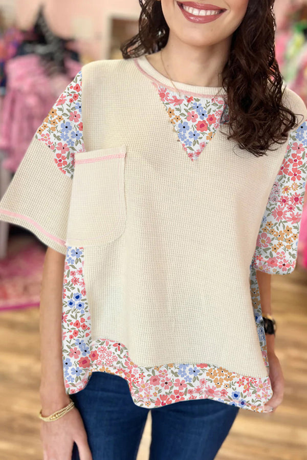 Floral Patchwork Chest Pocket Wide Sleeve Waffle T Shirt