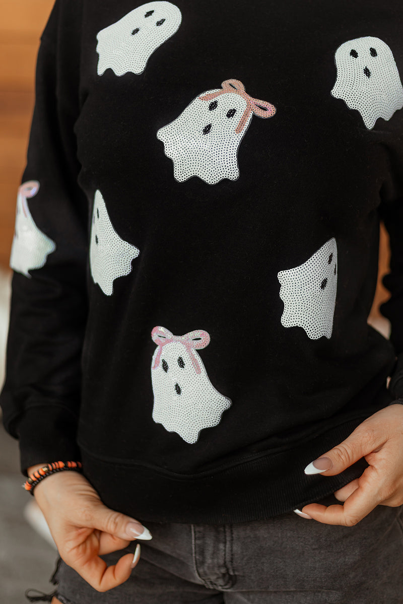 Sequin Cute Bow Ghost Graphic Crew Neck Halloween Sweatshirt