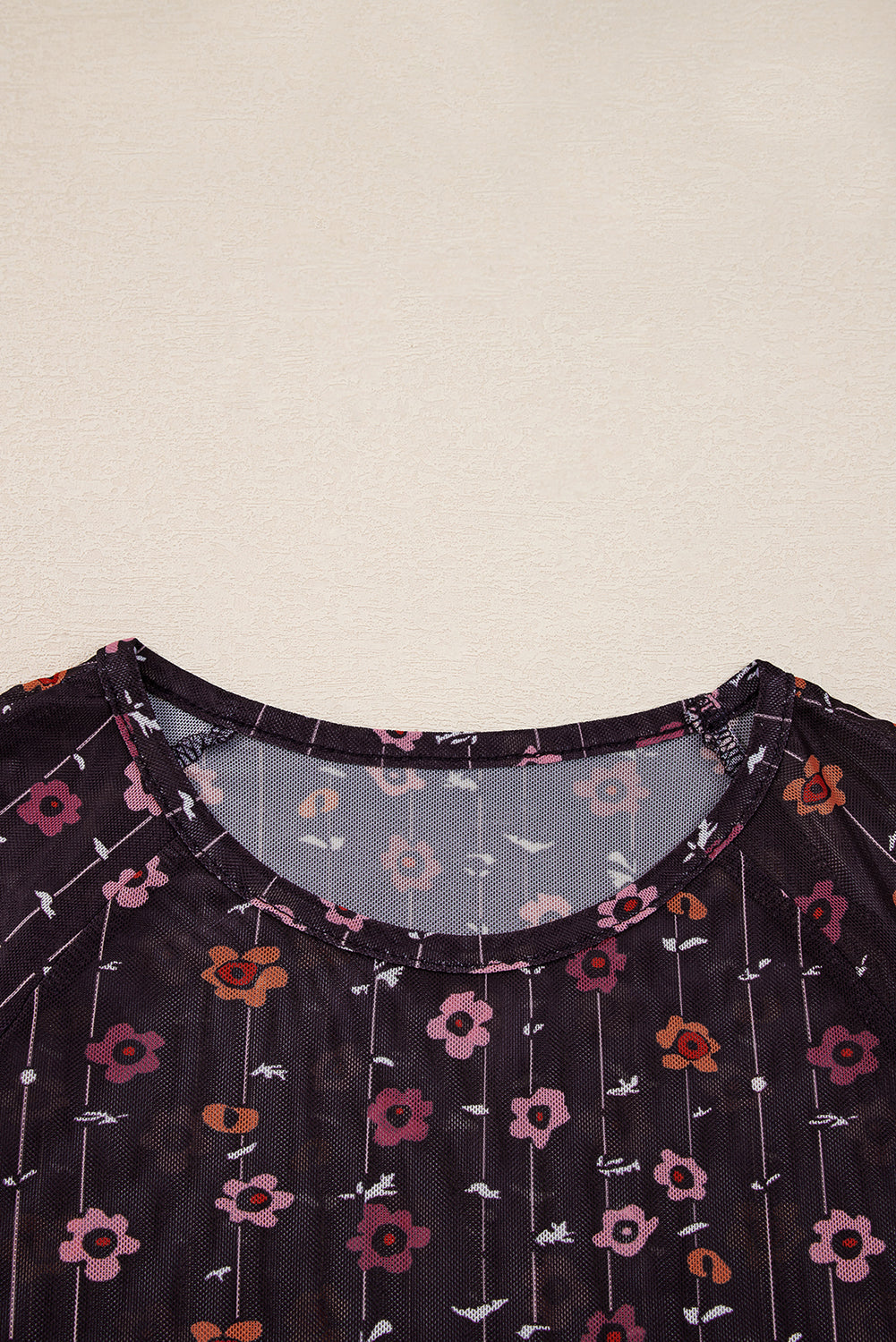 Floral Print Smocked Cuff Slim Fit Mesh Bodysuit