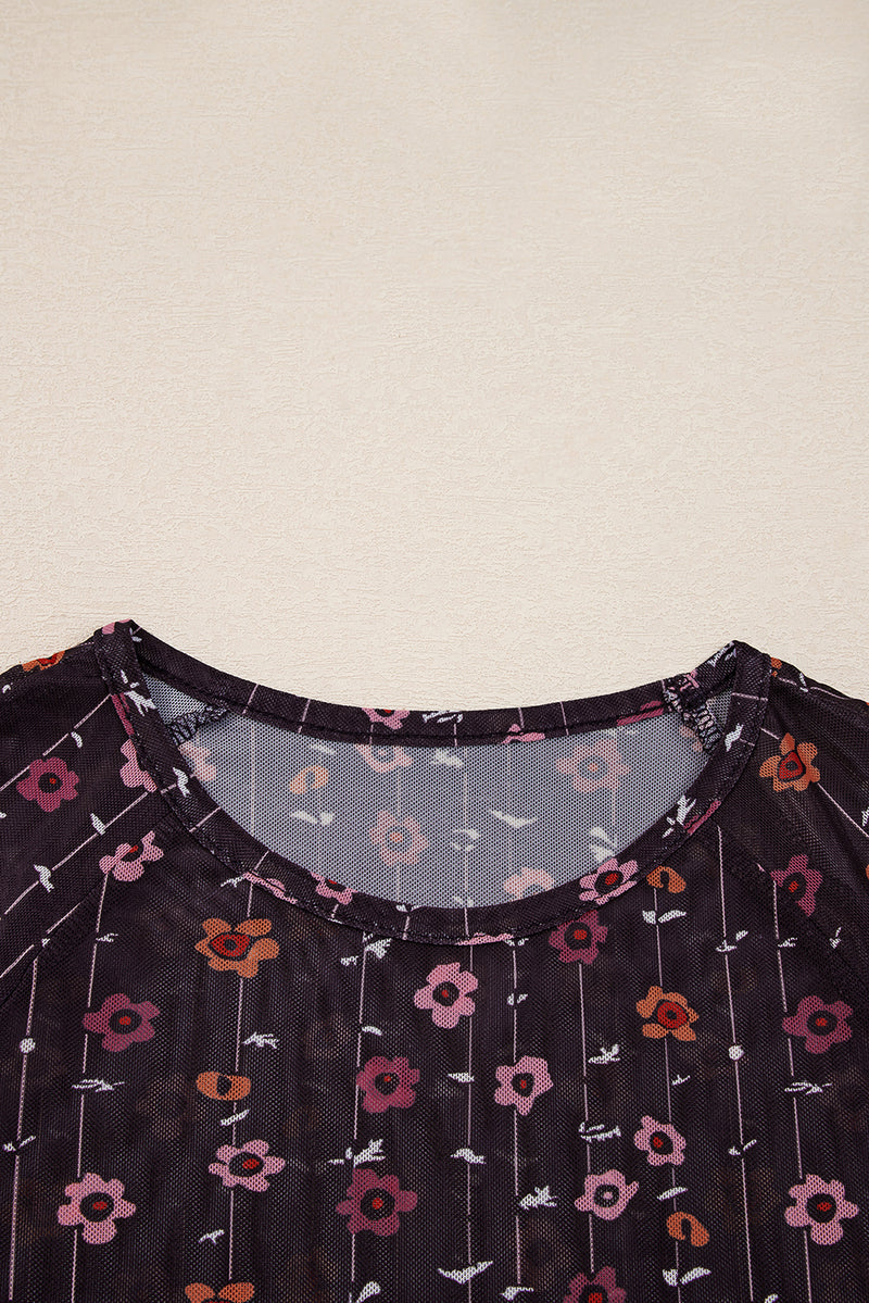 Floral Print Smocked Cuff Slim Fit Mesh Bodysuit