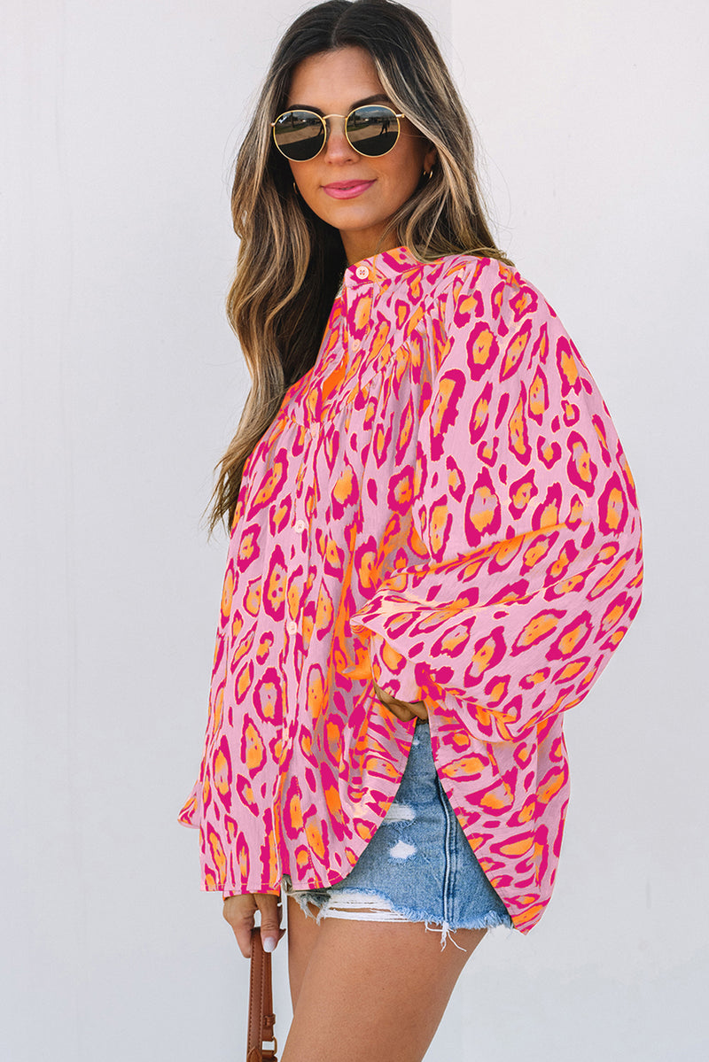 French Oversized Leopard Print Balloon Sleeve Casual Shirt