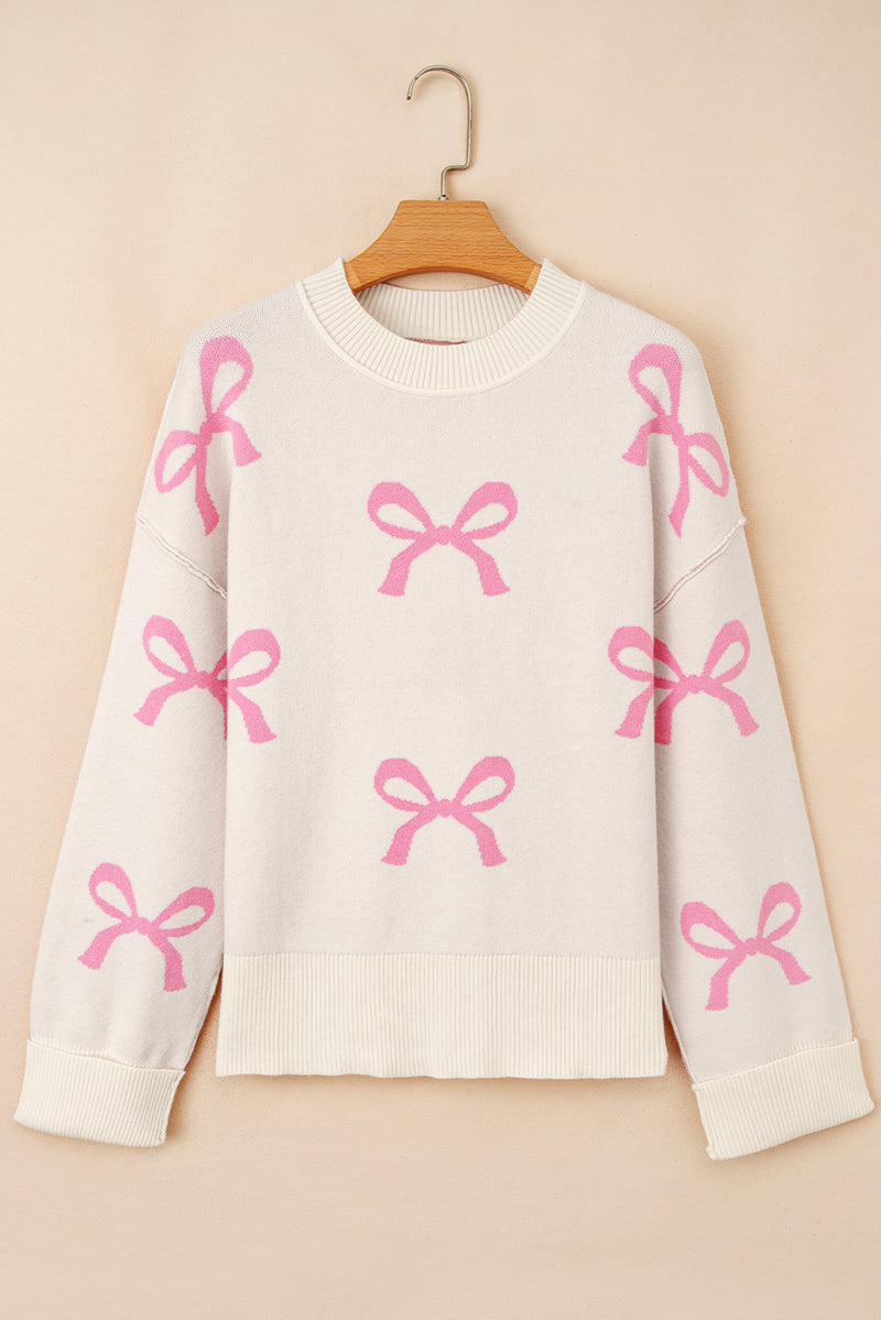 Bow Print Ribbed Trim Exposed Seam Drop Shoulder Loose Sweater