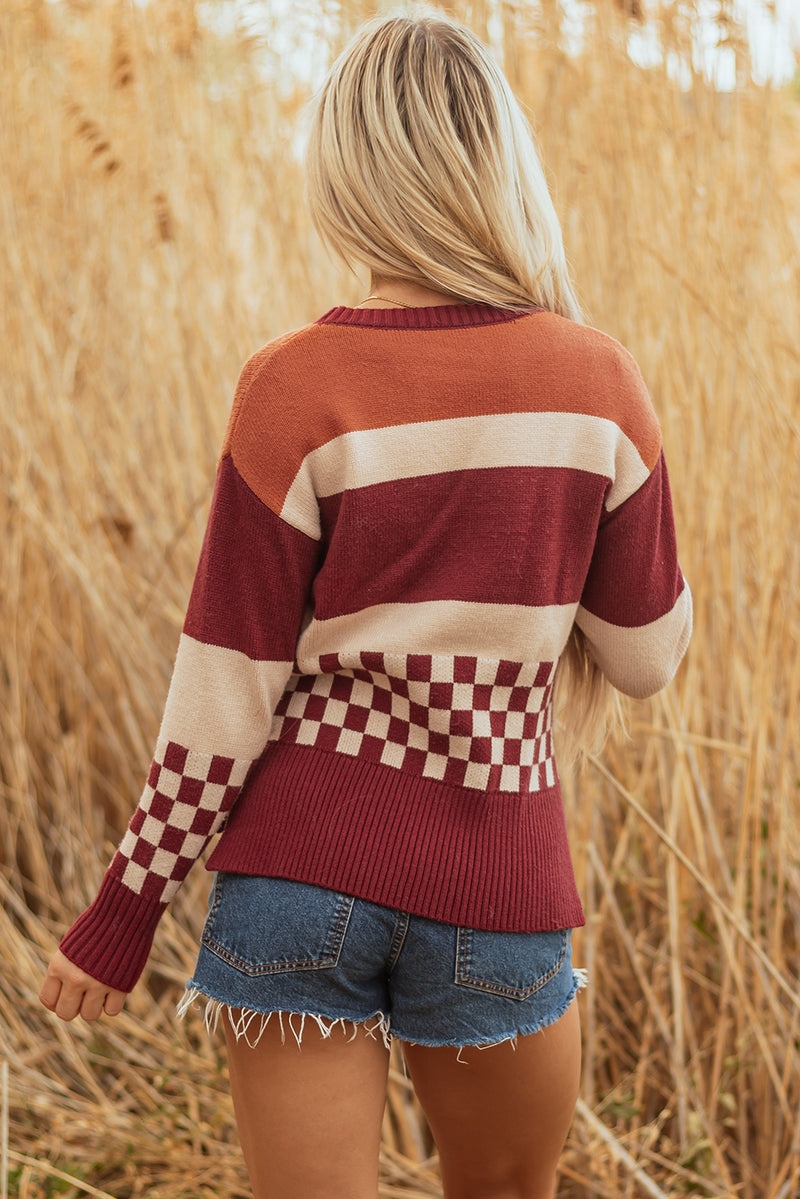 Checkered Color Block Knitted Drop Shoulder Sweater