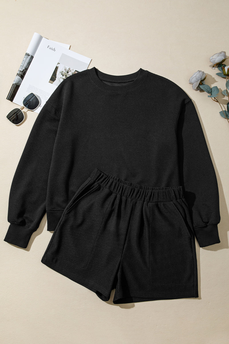 Ribbed Texture Baggy Drop Shoulder Pullover and Shorts Set