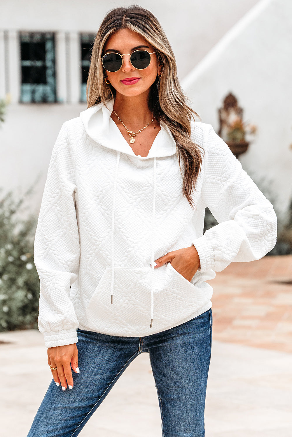 Cable Lattice Texture Kangaroo Pocket Hoodie