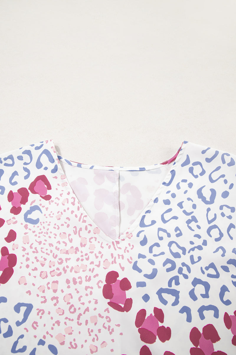 Mixed Leopard Print V Neck Short Sleeve Blouse