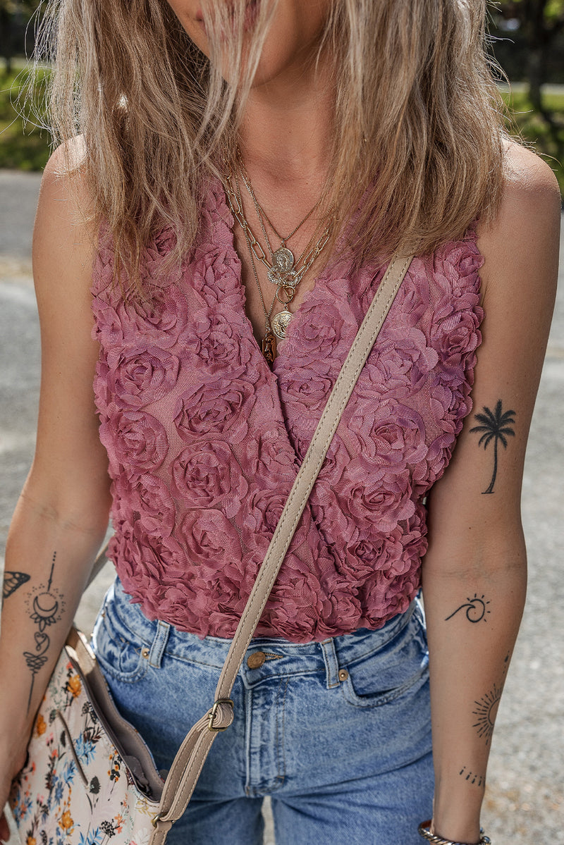 Old Rose Floral Textured V Neck Wrapped Sleeveless Bodysuit