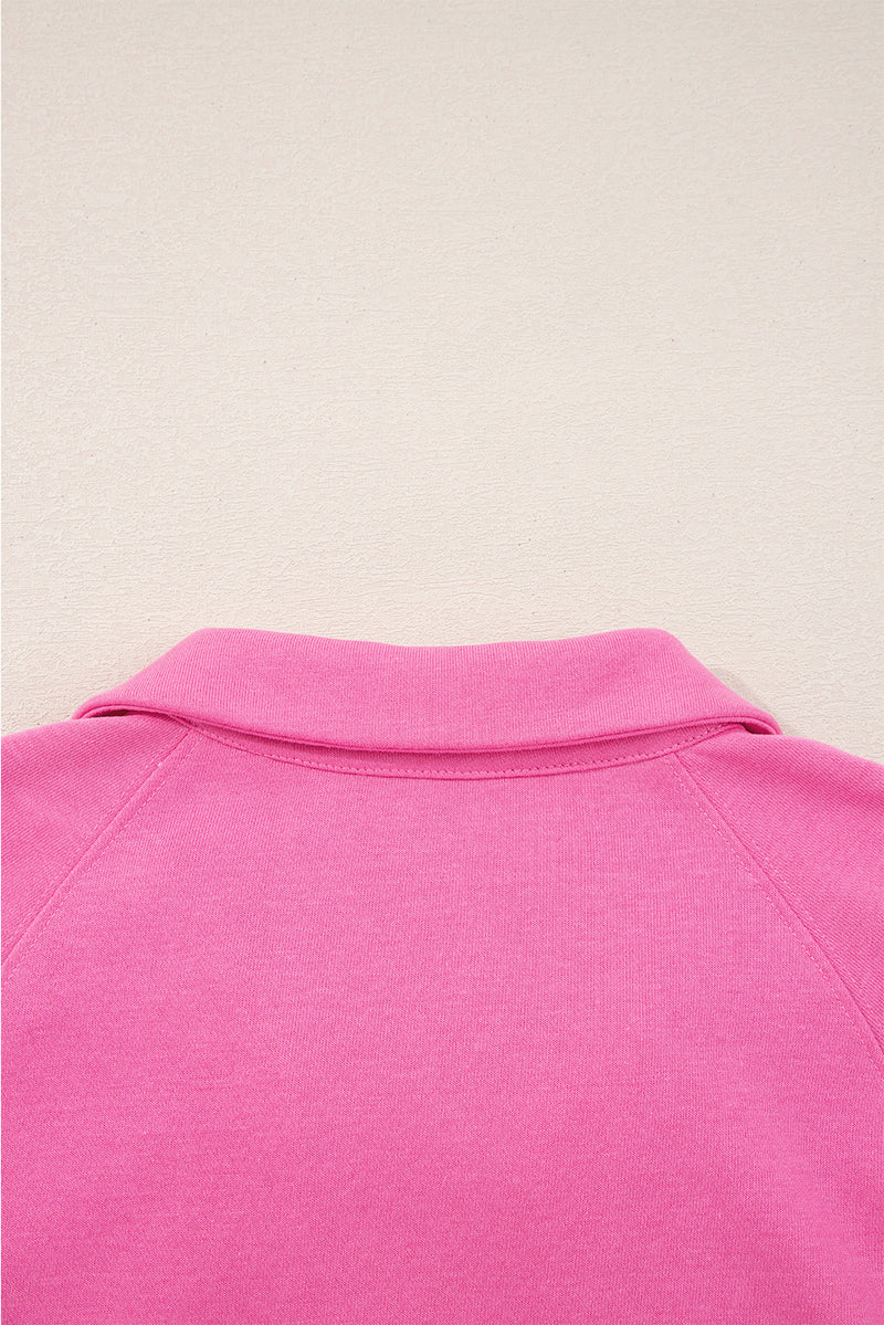 Bright Pink Solid Color Collared Pullover and Central Seam Pants Set