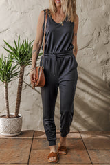 Casual Tank Style Tie Waist Pocketed Jogger Jumpsuit