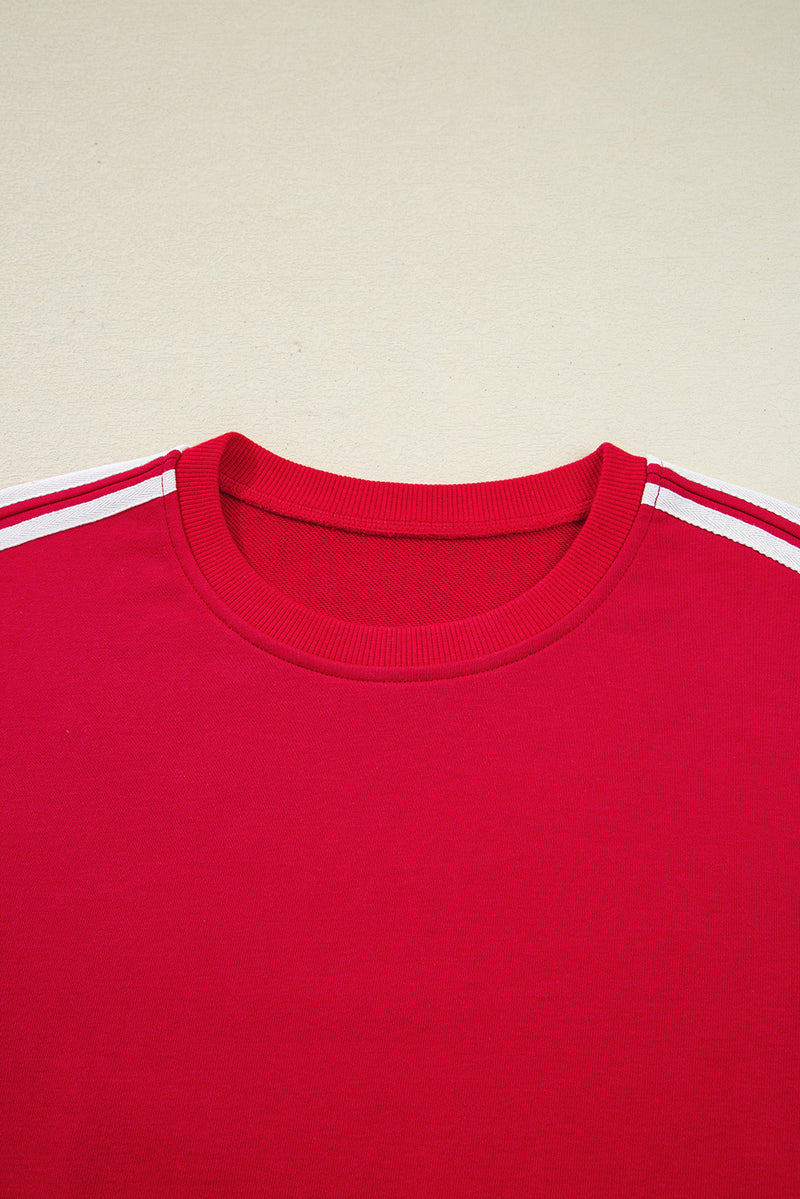 Red Varsity Striped Detail Crewneck Pullover Elastic Sweatpants 2pcs Outfit