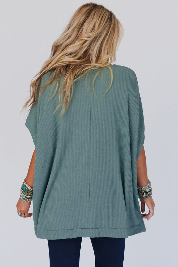 Oversized Ribbed Knit V Neck Dolman Short Sleeve Top