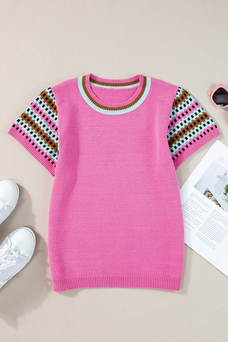 Pink Contrast Printed Cap Sleeves Crewneck Sweater