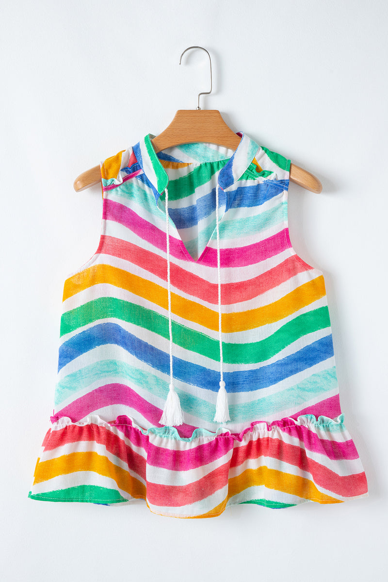 Rainbow Stripes Ruffled Hem Drawstring V Neck Tank Top