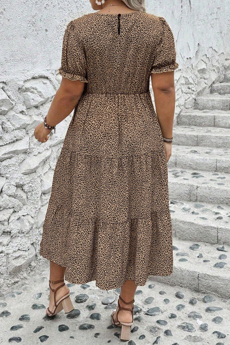 Plus Size Leopard Print Frill Trim Short Sleeve Flared Dress