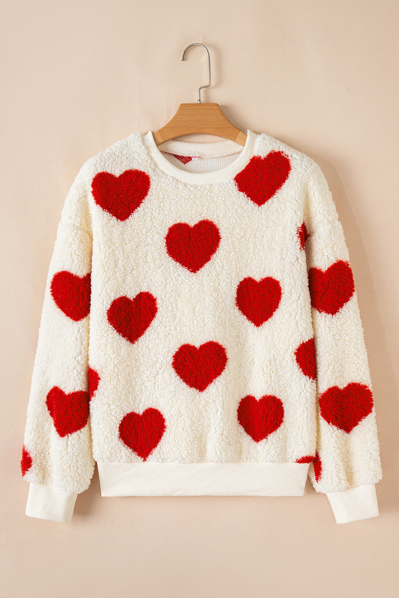 Heart Shape Drop Shoulder Crewneck Plush Sweatshirt
