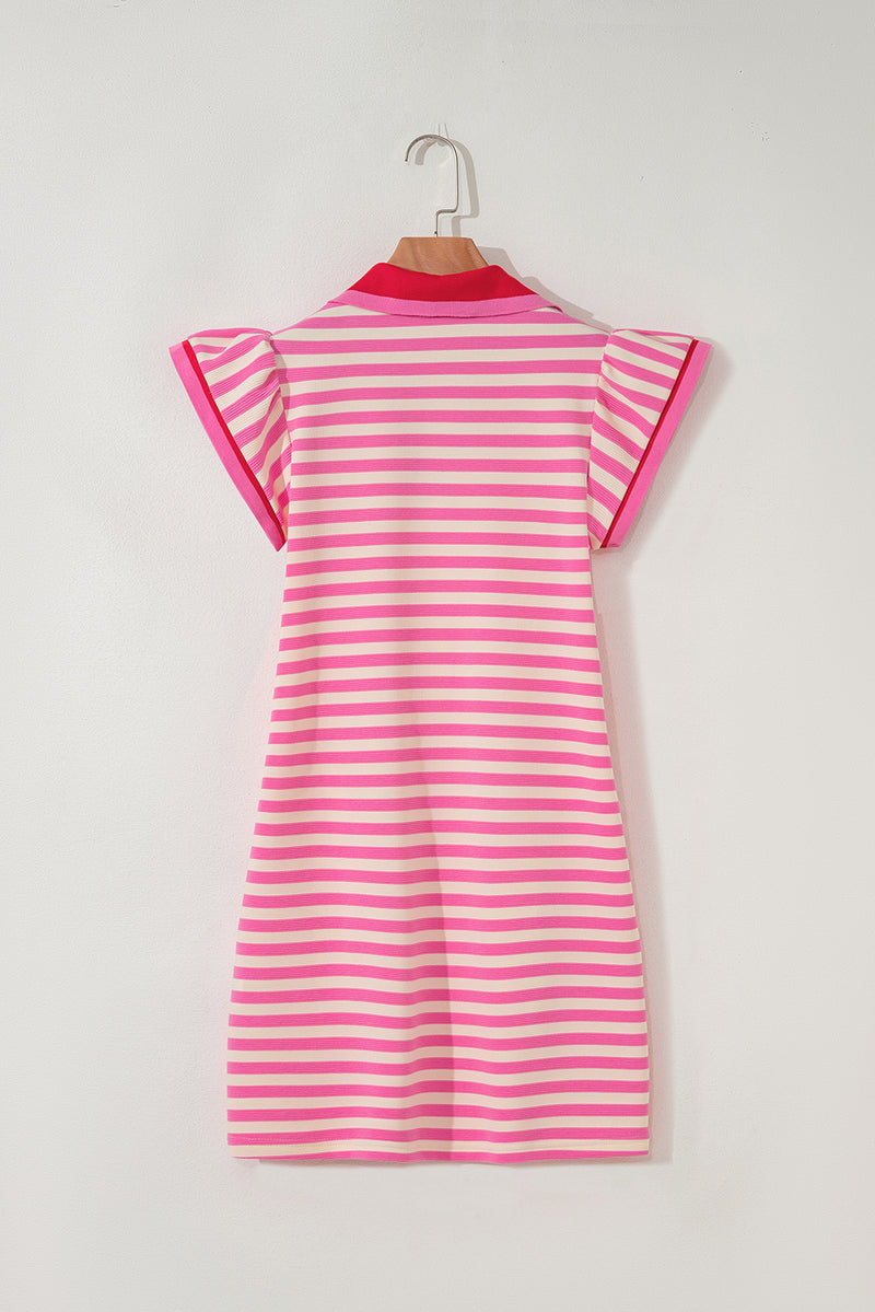 Stripe Print Contrast Collar Split Neck Flutter Sleeve Short Dress