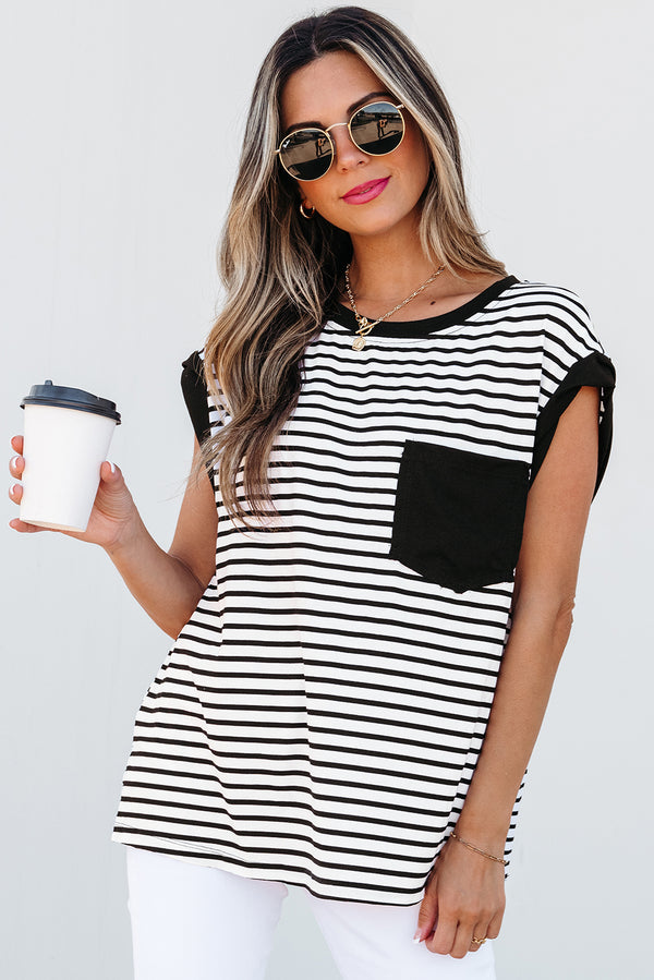 Stripe Chest Pocket Patch Round Neck Tank Top
