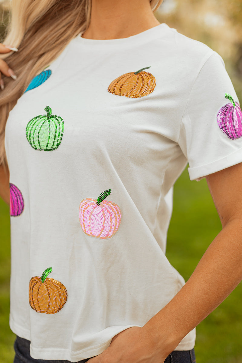 Sequin Pumpkin Patched Cotton Blend T Shirt