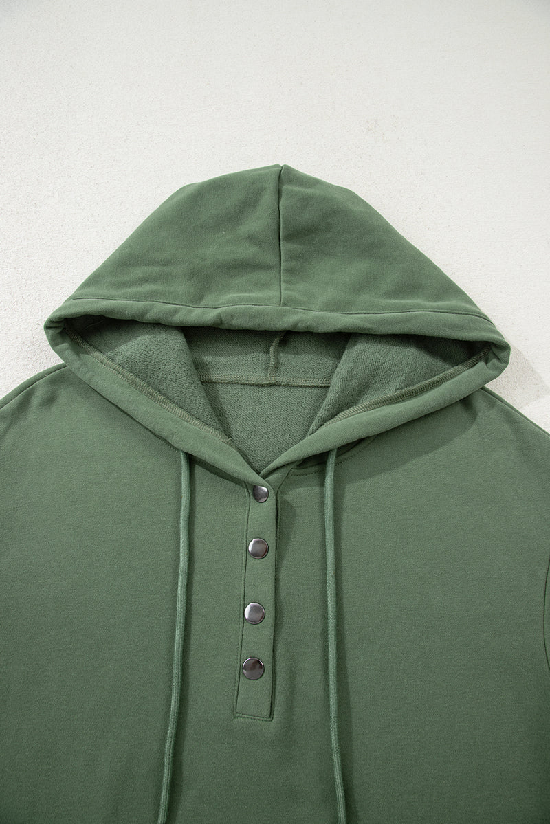 Solid Button Drawstring Hooded Pullover and Casual Short Set