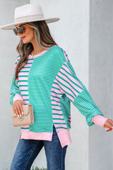 Stripe Mix Pattern Color Block Patchwork Side Slit Baggy Sweatshirt