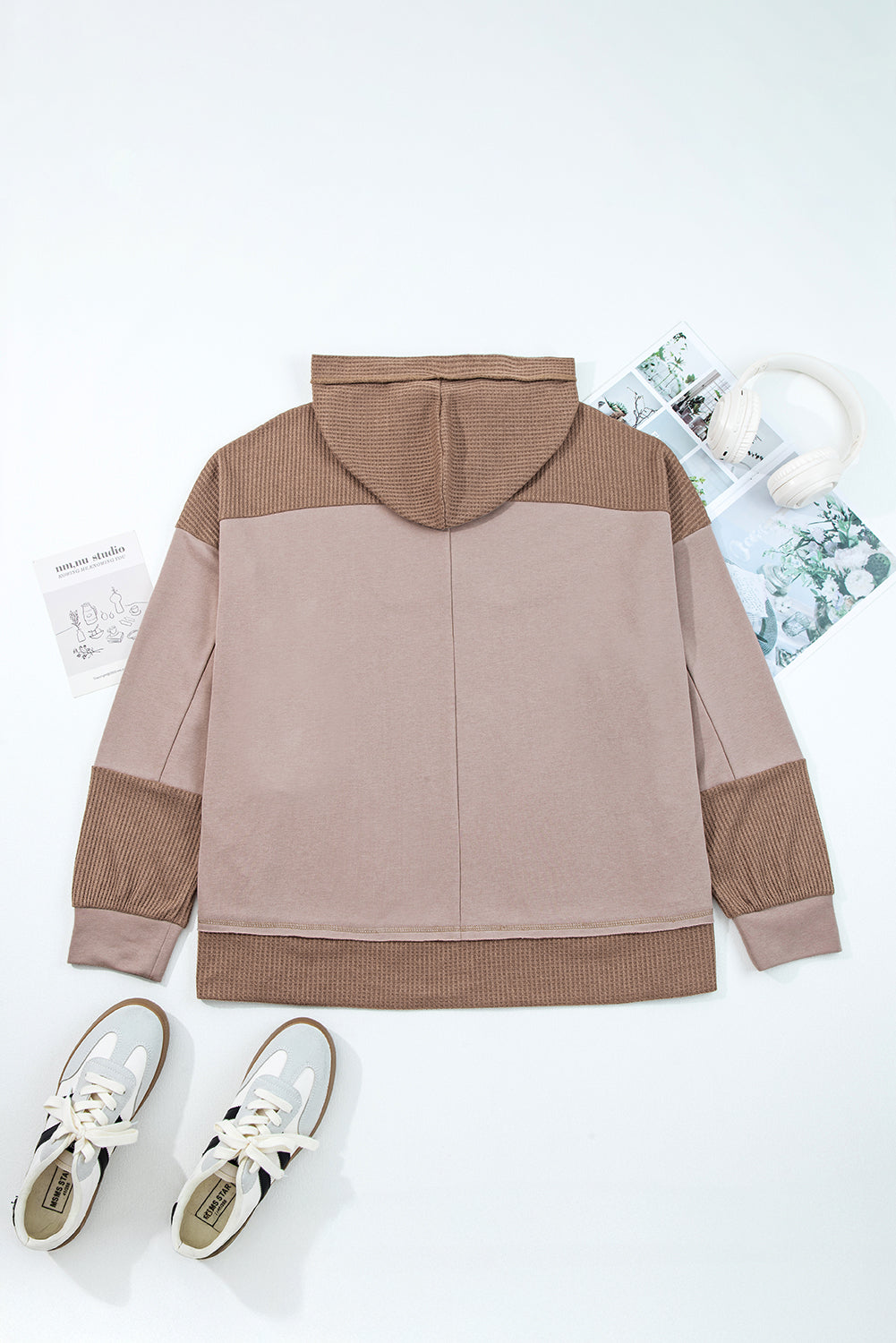Waffle Contrast Patchwork Plus Size Pocketed Hoodie