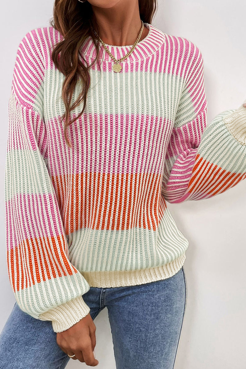 Soft Color block Textured Knit Bubble Sleeve Sweater
