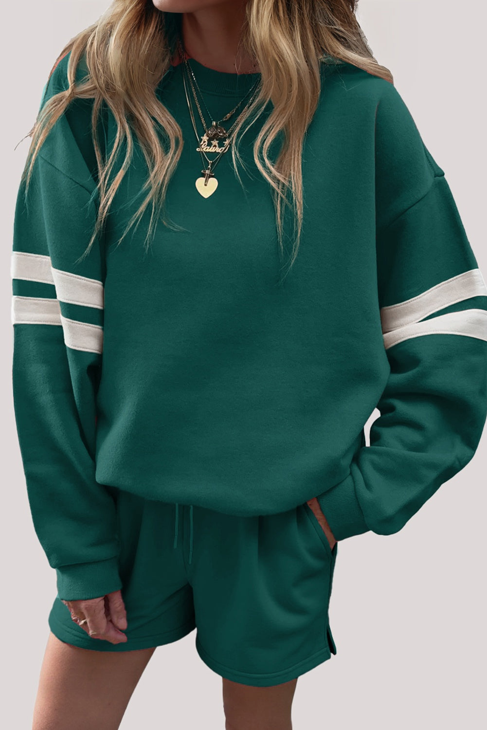 Solid Varsity Striped Sleeve Drop Shoulder Sweatshirt and Short Set