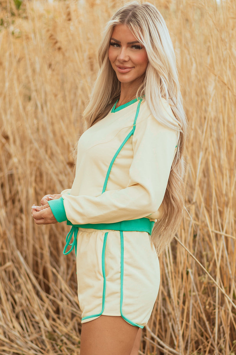 Contrast Trim Colorblock Long Sleeve Pullover and Drawstring Shorts 2pcs Outfit