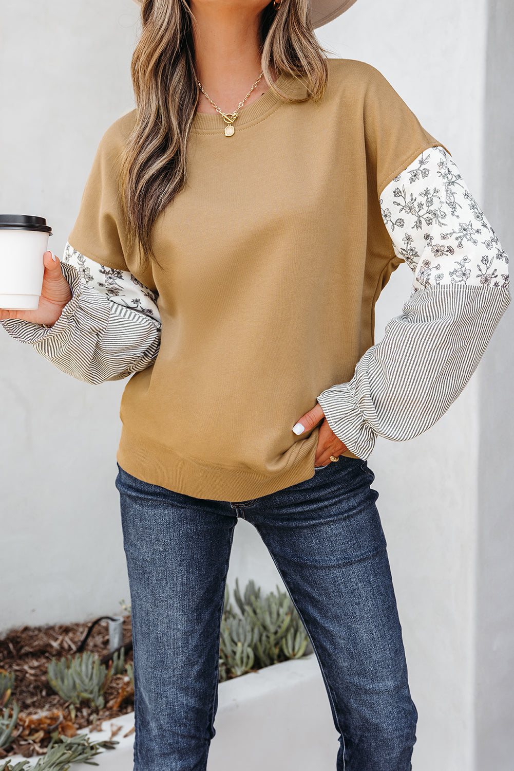 Floral Striped Patchwork Ruffled Sleeve Crew Neck Sweatshirt