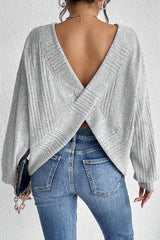 Textured Crossover Backless Knit Long Sleeve Top
