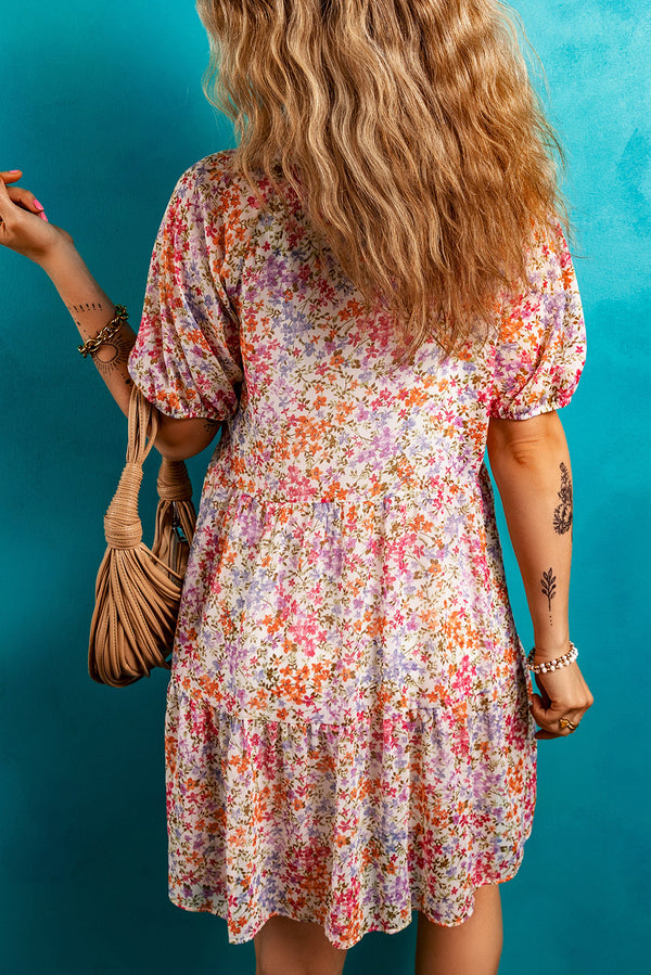 Floral Puff Sleeve Notched V Neck Tiered Mini Dress