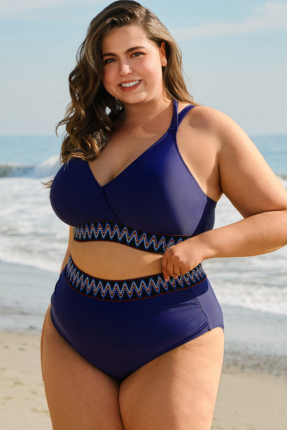 Embroidered Trim Wrap Tie Knot Plus Size High Waisted Bikini